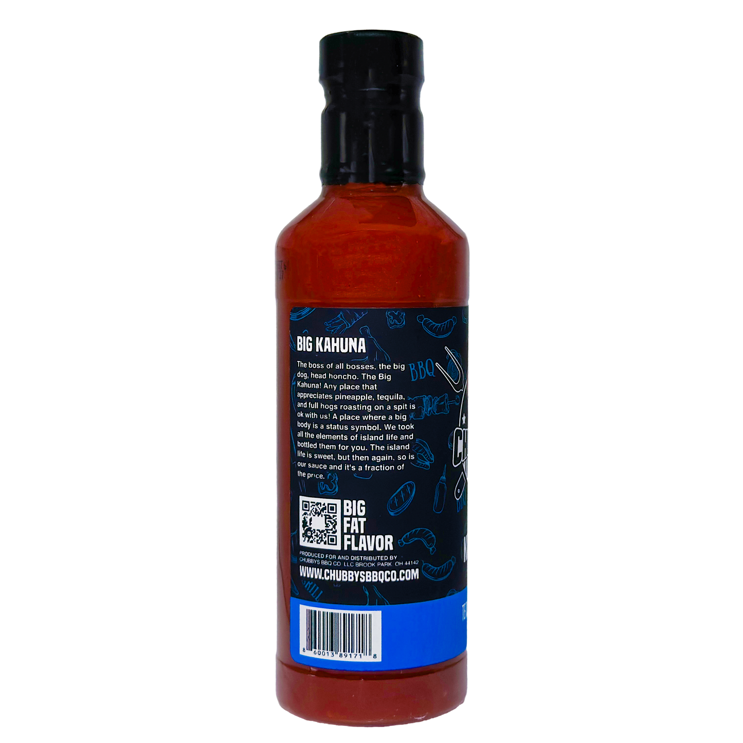 Big Kahuna BBQ sauce label with tropical flavor story from CHUBBYS