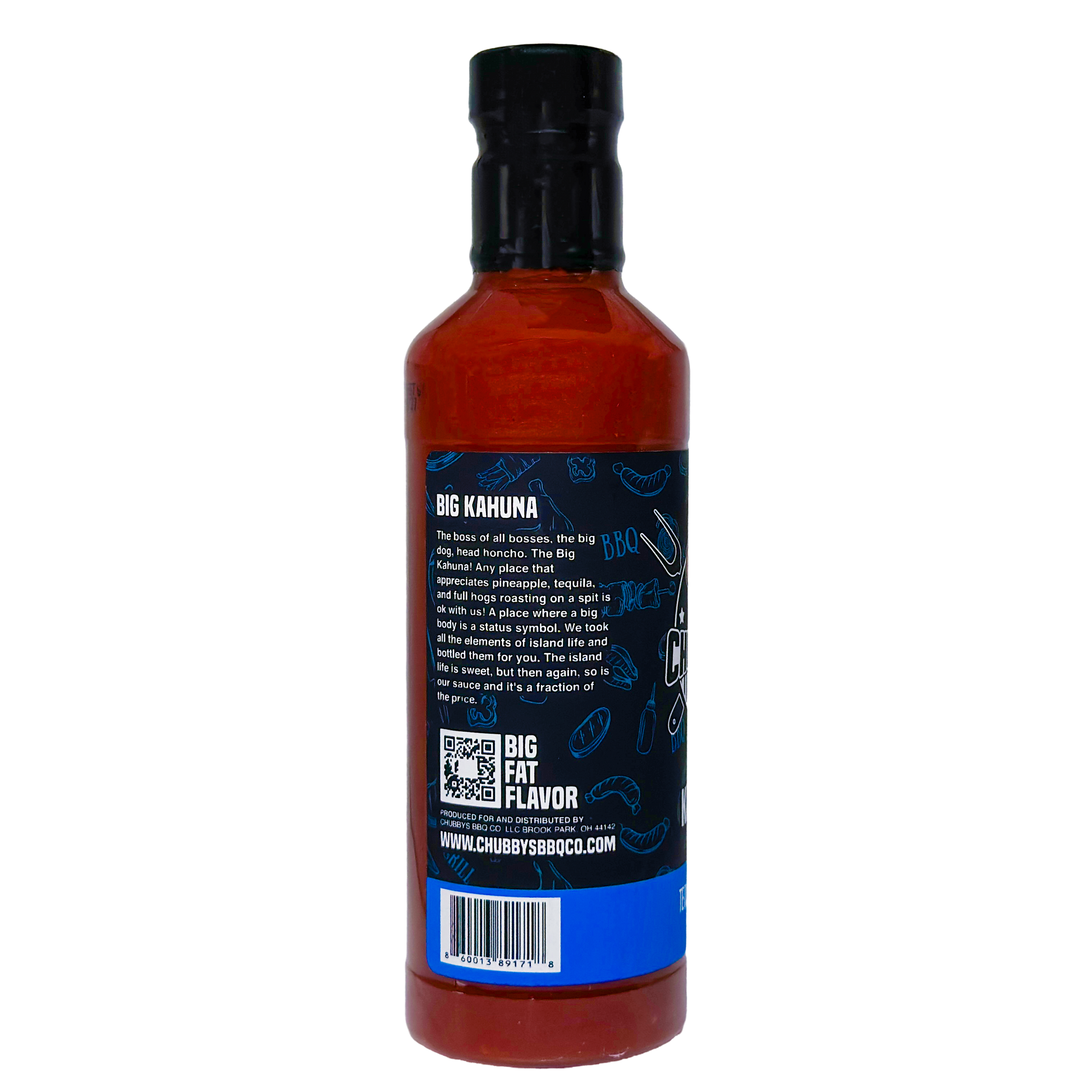 Big Kahuna BBQ sauce label with tropical flavor story from CHUBBYS
