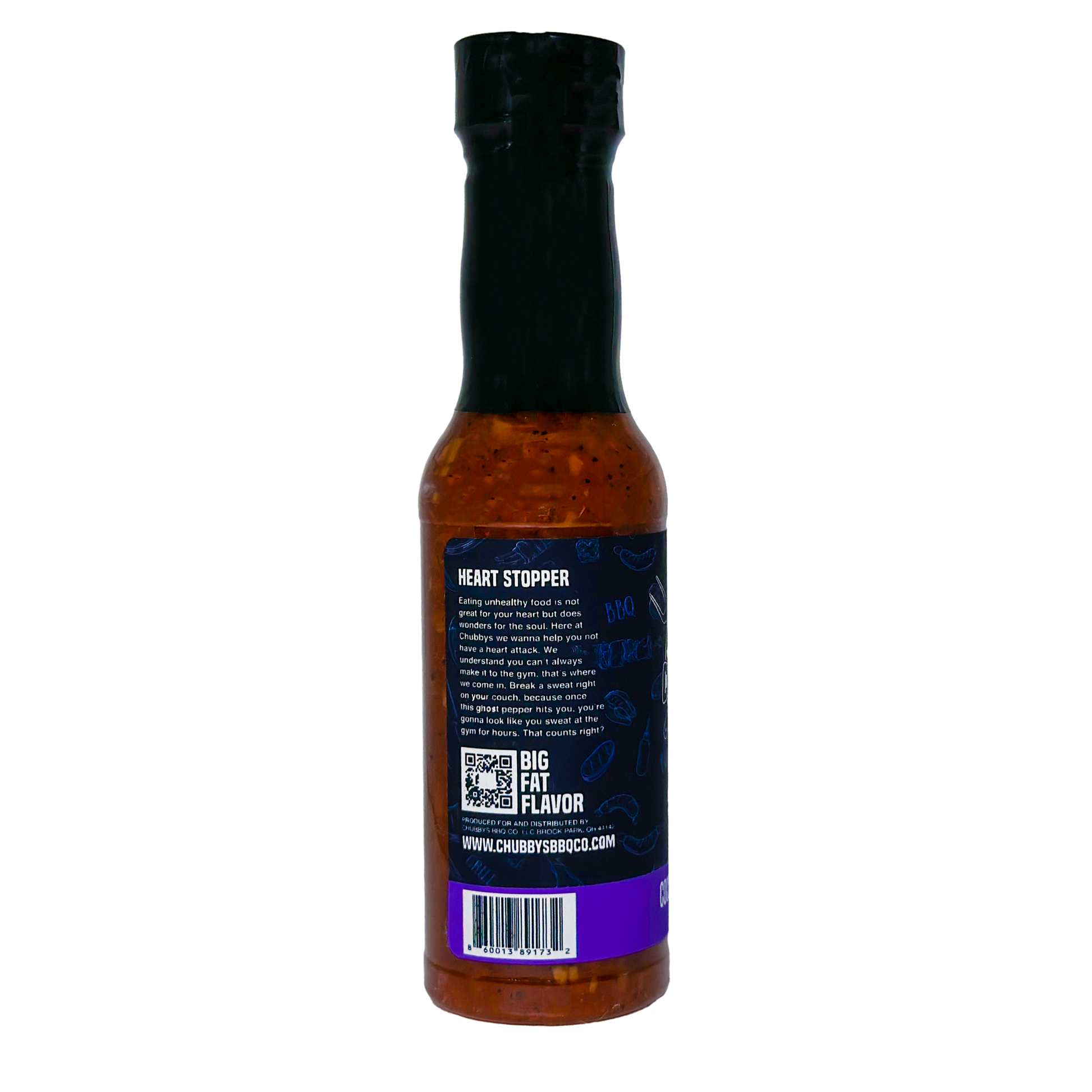 Heart Stopper sauce label with tropical ghost chile flavor story from CHUBBYS