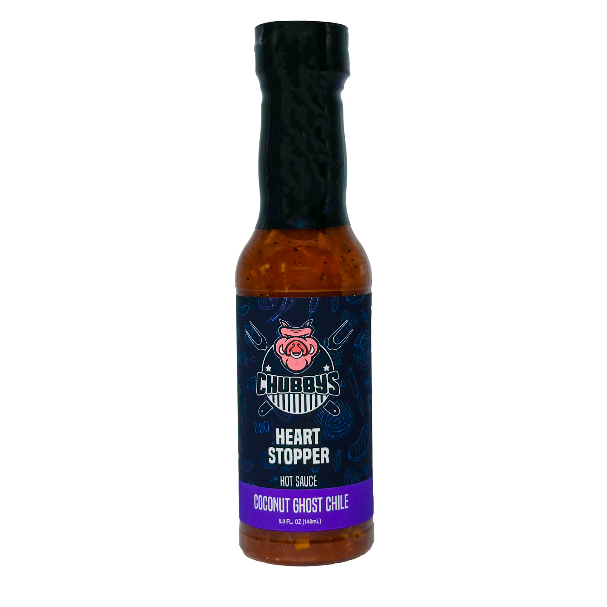 Heart Stopper Coconut Ghost Chile Hot Sauce bottle by CHUBBYS