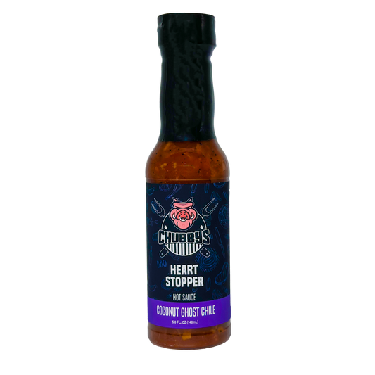 Heart Stopper Coconut Ghost Chile Hot Sauce bottle by CHUBBYS